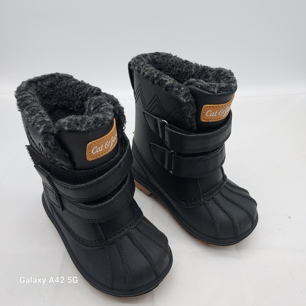 Cat & Jack Toddler Black Faux Fur Lined Winter Duck Boots Size 6 Hook Loop Strap